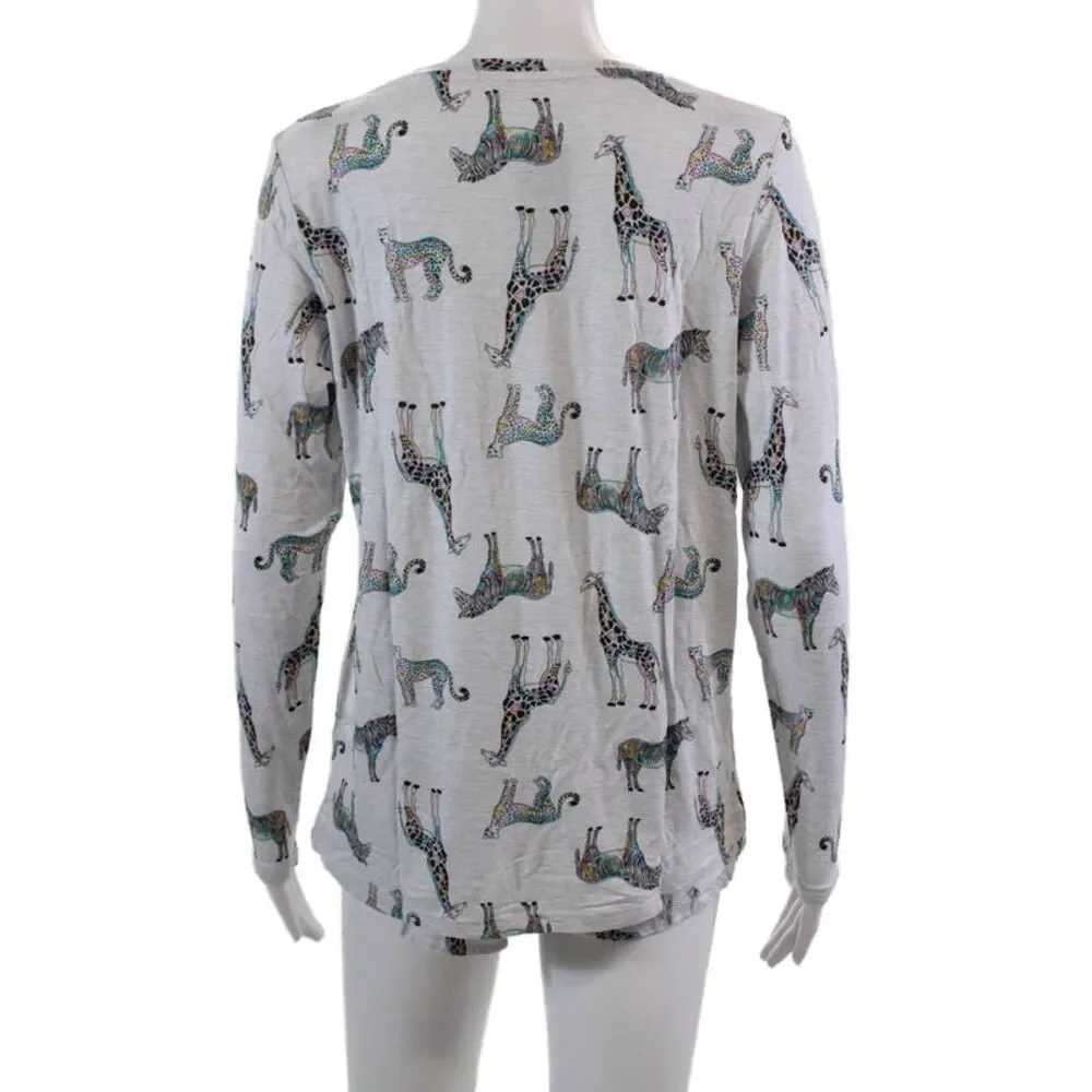 Emerson Road Womens Giraffe Print Ruffled Long Sleeve Pajama Set Gray Size XS